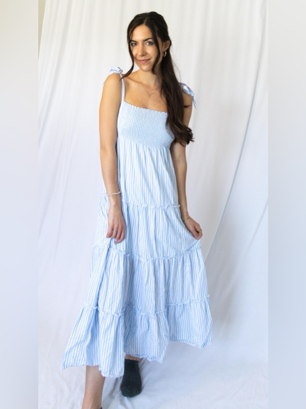 Light Blue Striped Tie-Shoulder Maxi Dress